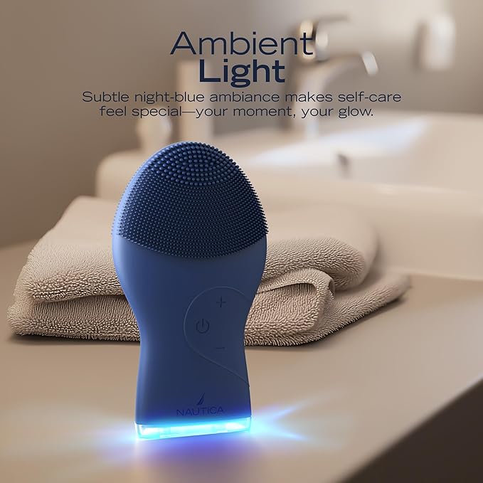 Nautica PC120 Facial Cleansing Brush Made with Ultra-Hygienic Soft Silicone, Waterproof, Rechargeable Vibrating Face Exfoliator Scrub Brush with Sonic Technology for Men & Women - Navy