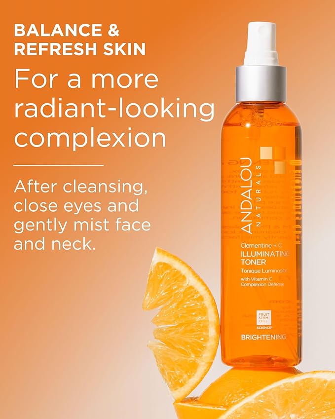Andalou Naturals Illuminating Facial Toner Clementine + Vitamin C - Hydrating Face Mist Toner to Balance & Refresh Skin - with Fruit Stem Cell Complex Plus Aloe Vera - 6 fl oz