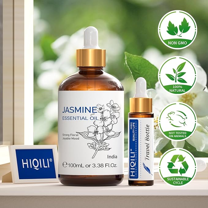HIQILI Jasmine Essential Oil, Pure & Natural Jasmine Oil for Diffuser, Perfume, Shampoo, Aromatherapy-3.8 Fl Oz/100 ML