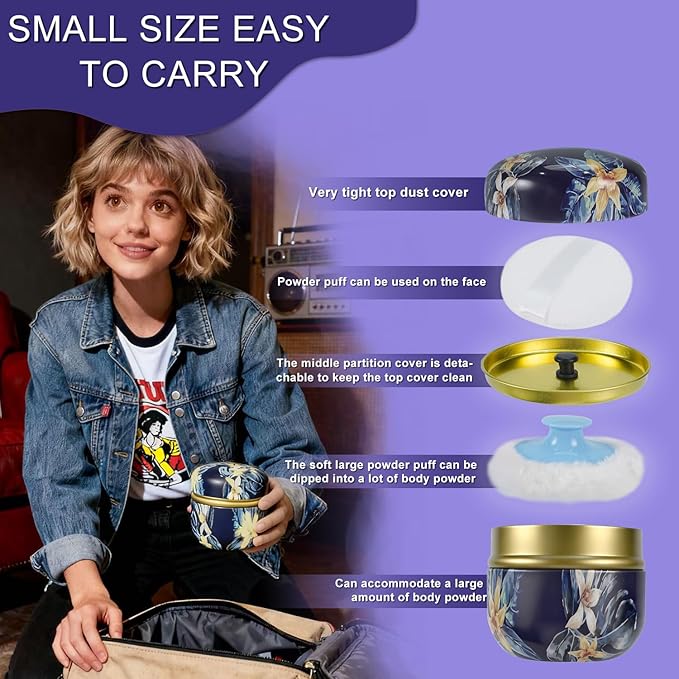 SHIMIDO Body Powder Puff and Container, 3.15" Portable Empty Body Powder Container for Baby Women's Loose Dusting Powder, Powder Case Box with Lids for Bath, Travel and Home Use (Dark Night)