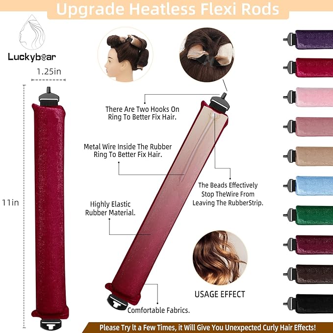 Overnight Heatless Hair Curler Blowout Rods Satin Flexi Rods for Heatless Overnight Jumbo Curls, No-Heat Styling Tools for All Hair Types, 3pcs Red