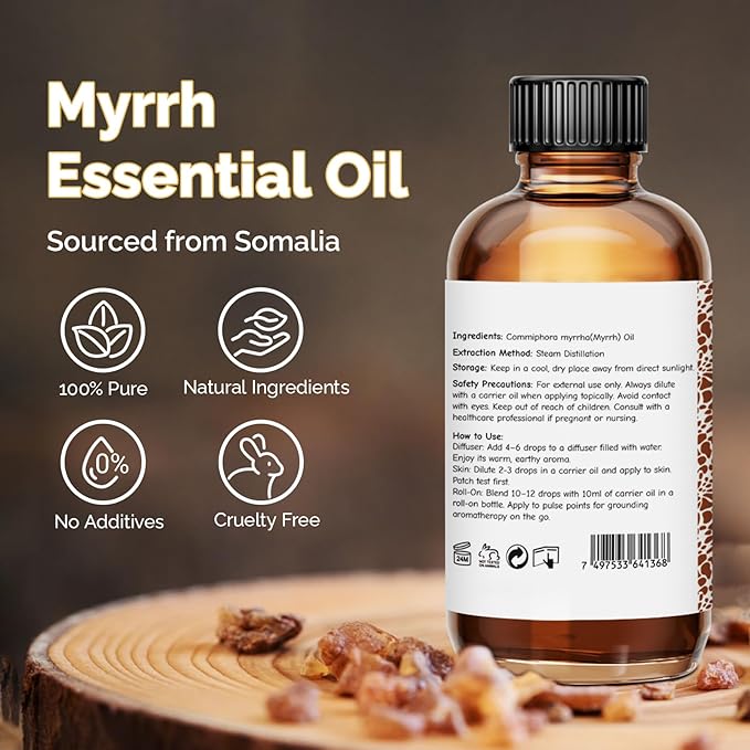 Myrrh Essential Oil 2 Oz, 100% Pure Natural Myrrh Oil for Diffuser, Skin, Hair, Body & Face, Massage, DIY & Home Use