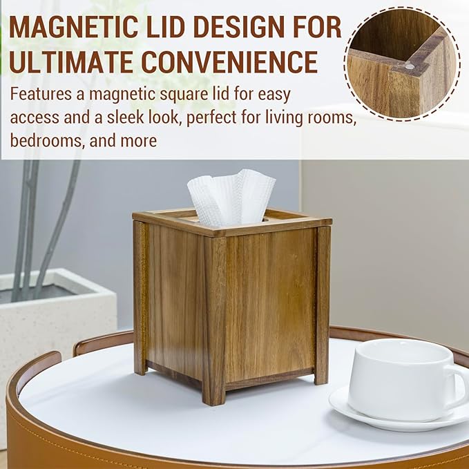MyGift Premium Acacia Solid Wood Square Tissue Box Holder with Magnetic Lid, Decorative Rustic Wooden Framed Edge Trim Cube Cover Facial Tissues Dispenser