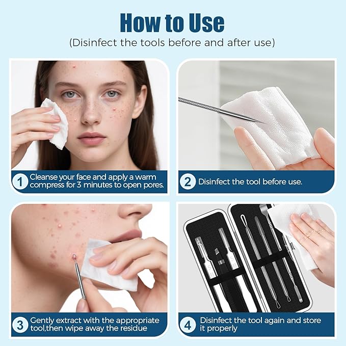 Blackhead Remover Tool Kit, 6 Pcs Pimple Popper Set with Acne Needles, Tweezers, Skin Scraper for Blackhead, Zit, Whitehead Removal on Face and Nose, with Storage Case