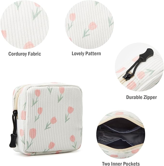 Small Makeup Bag for Purse,Mini Cosmetics Bag cute Zipper corduroy Cosmetic Pouch Storage Pouch Travel Toiletry Organizer for Women Girls(Tulip White)
