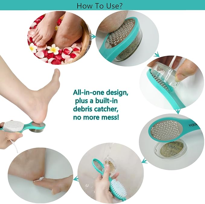 Foot File Callus Remover 5-in-1, 2 Pcs Feet Scraper Pedicure Tools with Pumice Stone, Scrubber Brush, Stainless Steel Foot Rasp and Sand Paper Debris Catcher, Multi Purpose, Pink Cyan