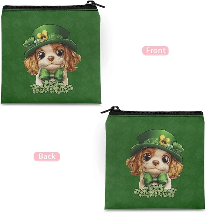 Spring Green Print Period Bag with Zipper Artsy Cute Dog Sanitary Napkin Storage Bag for Active Women Leak-Proof Menstrual Organizer for Sports & Outings