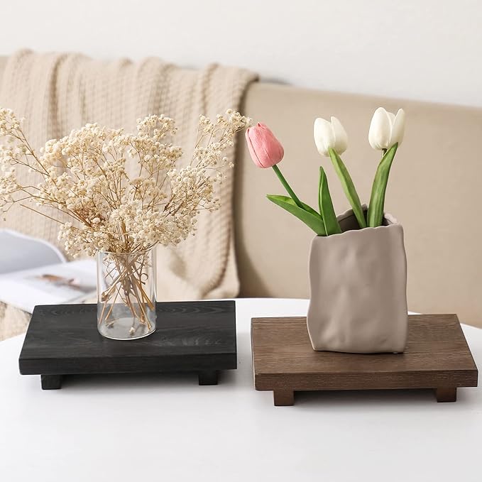 Bathroom Counter Organizer Wood Pedestal Stand Farmhouse Decorative Tray Soap Holder for Kitchen Decor, 9" x 6" - Walnut