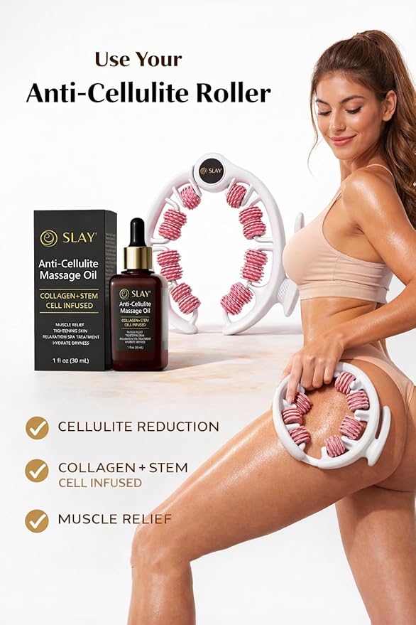 SLAY' Anti Cellulite Massage Roller & Body Oil Bundle, Lymphatic Drainage Roller, Cellulite Remover for Legs and Arms, Deep Tissue Massage Relief, Self Care Gifts, Womans Gifts