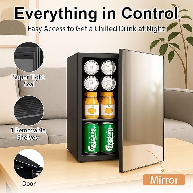 Compact Mini Fridge - 24 Cans/0.95 Cu.Ft Beverage Refrigerator with Mirrored Door & Digital Thermostat, Small Cosmetics Cooler for Skincare, Drinks, Food, Office, Dorm, Black