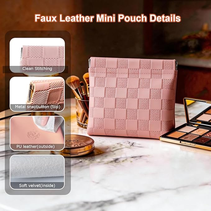 6 Pack 2 Sizes Small Makeup Bag for Purse, Checkered Snap Closure Pouches for Purse, PU Leather Coin Purse for Women, Mini Organizer for Cosmetics Electronics Change, Daily Commute & Travel