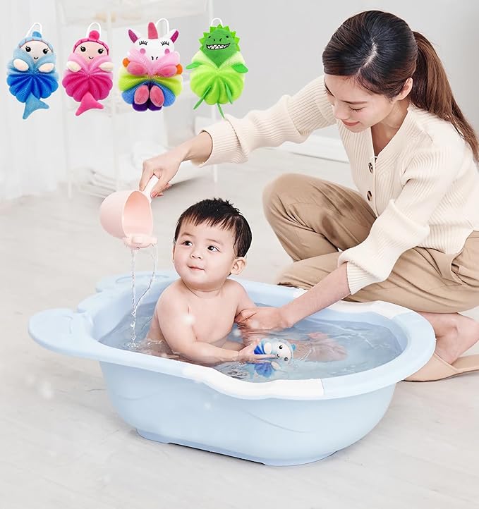 MURRI&MURRDI 4 Pack Kids Bath Sponges - Cute Animal Shower Pouf Set, Gentle Exfoliating Body Scrubber for Toddlers, Cartoon Mesh Loofah Gift for Boys & Girls