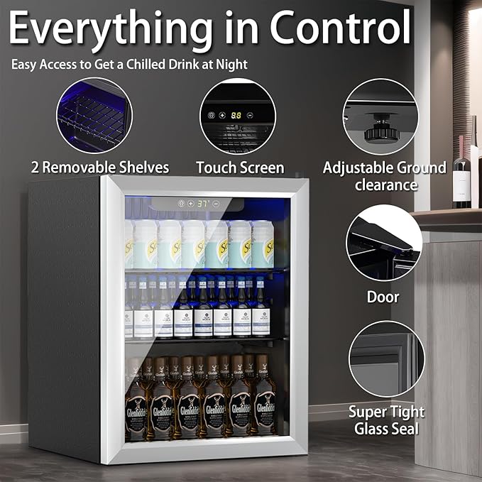 Stopasd Beverage Refrigerator Cooler, 1.6 Cu.Ft/70 Can Drink Fridge with Adjustable Shelves for Soda Wine Beer, Quiet Undercounter Small Fridge for Home/Office/Bar/Garage(37-61 ℉), Sliver