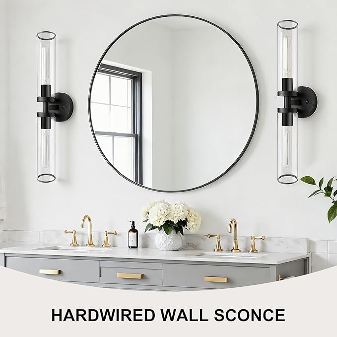 Black Wall Sconces, Set of 2, 22'' Modern Vanity Lights Fixture for Bathroom with Clear Glass, Wall Sconces Lighting, for Living Room/Bathroom Hallway Mirror/Bedroom (Bulbs Not Included)
