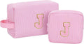 MONSTINA Initial Makeup Bag, Birthday Gifts for 4 5 6 7 8 9 10 11 12 Year Old Girls, Personalized Preppy Cosmetic Bag |Cute Toiletry Bag,2PCS,Pink J