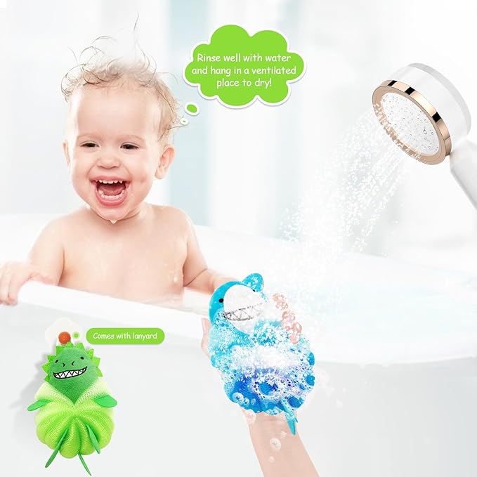 Kids Bath Sponge & Loofah for Kids - 2 Pack Net-Style Mesh with Dinosaur & Shark, Gentle Baby Sponge for Bathing & Toddler Loofah, Soft Exfoliating Pouf