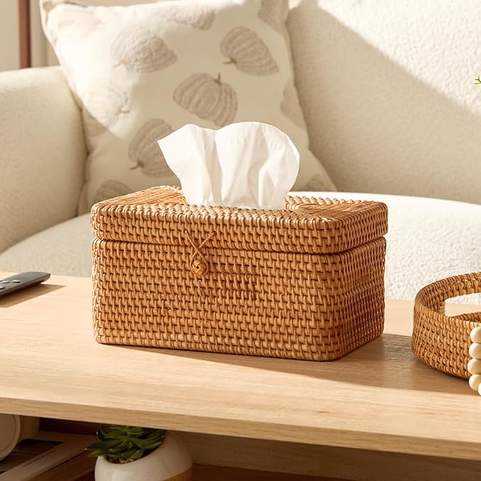 Rattan Rectangular Tissue Box Cover, 10.8" x 6.7" x 5.5", Decorative Woven Facial Tissue Holder with Hinged Top Lid, Natural Color