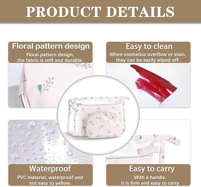 Richeart Makeup Bag, Clear Bag with Zipper, 3PC Floral Flowers Makeup Pouch, Waterproof Small Pouch, Portable Travel Toiletry Bag, E