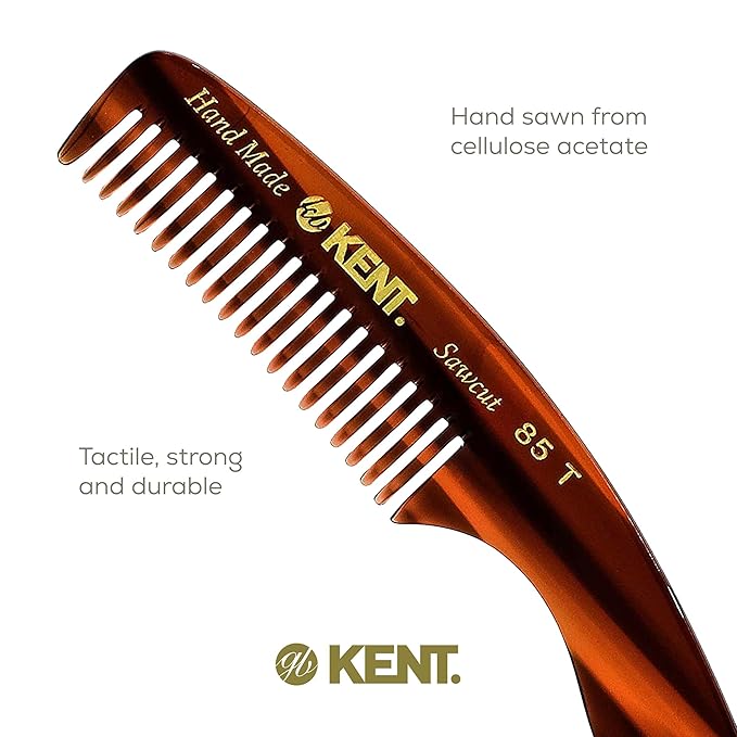 KENT 85T Small Wide Tooth Beard and Mustache Pocket Comb, Coarse Toothed Travel Size for Facial Hair Grooming and Beard Care. Saw-cut of Quality Cellulose Acetate, Hand Polished. Hand-Made in England