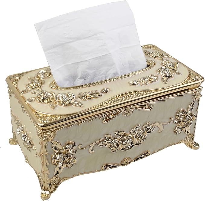 Geesatis Tissue Box Cover, Rectangle Tissue Box Holder, Rectangular Napkin Facial Tissues Holder for Bathroom Toilet Bedroom Living Room Table Desk Office Dresser, 1 Pcs Gold 9.5''x5.7''x4.9''
