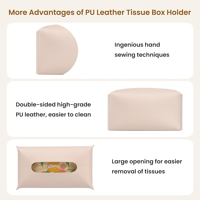 Long Tissue Box Cover, PU Leather Tissue Holder Rectangle, Facial Paper Organizer, Modern Dispenser for Bathroom, Kitchen, Home, Office, Tabletop (1, Apricot Pink, Short)