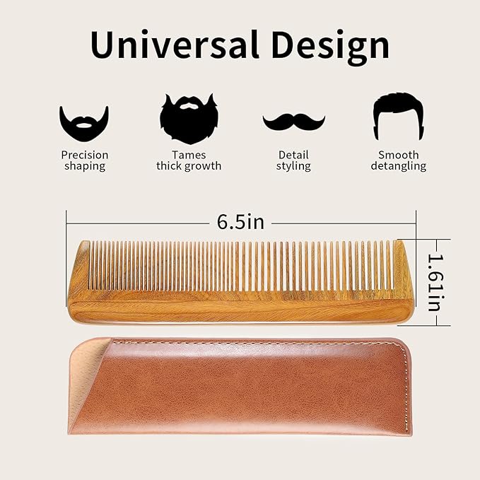 Onedor Handmade 100% Natural Green Sandalwood Wooden Comb for Men Hair, Beard, and Mustache Styling Pocket Comb With Leather Case (Long)
