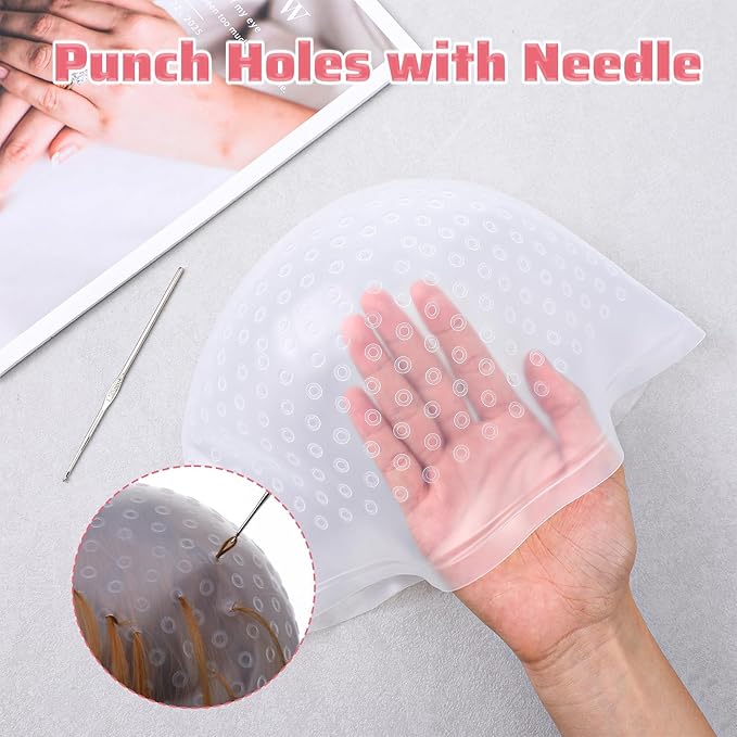 Punched Silicone Highlight Hair Cap with Needle, Professional Reusable Highlighting Poked Hole Cap for Color Hair Salon Hairdressing Dyeing Staining Tools for Women and Men (White)
