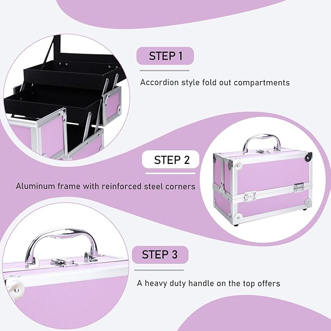 Makeup Train Case, Makeup Case Organizer with Mirror, Portable Cosmetic Box Storage with 2 Trays, Make Up Travel Case for Nail Kits Cosmetics Craft Traveling, Gifts for Women and Girls (Pink)