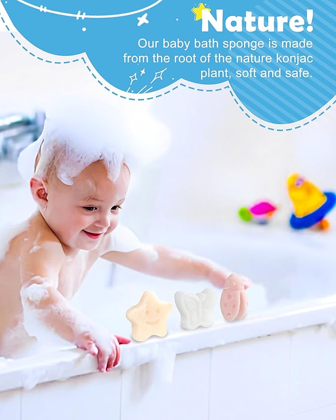 MoHern Konjac Baby Sponge for Bathing, 3Pcs Natural Cute Shapes, Kids Bath sponges for Infants, Toddler Bath time, Plant-Based, Extra Soft