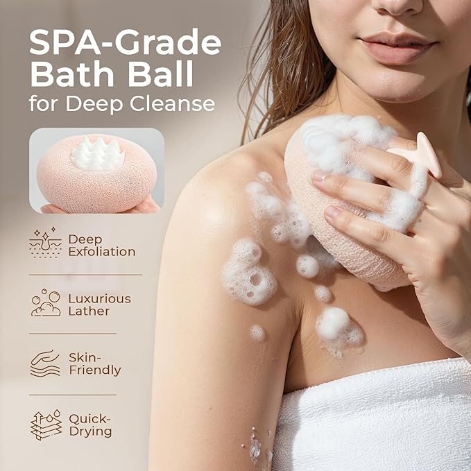 5 Packs Bath Sponge Shower Loofah, 2 in 1 Exfoliating Body Scrubber Exfoliator Net Sponges with Finger Rings, Super Soft Sunflower Suction Cup Bath Ball for Women Men (Pink+Yellow+Green+Purple+Gray)