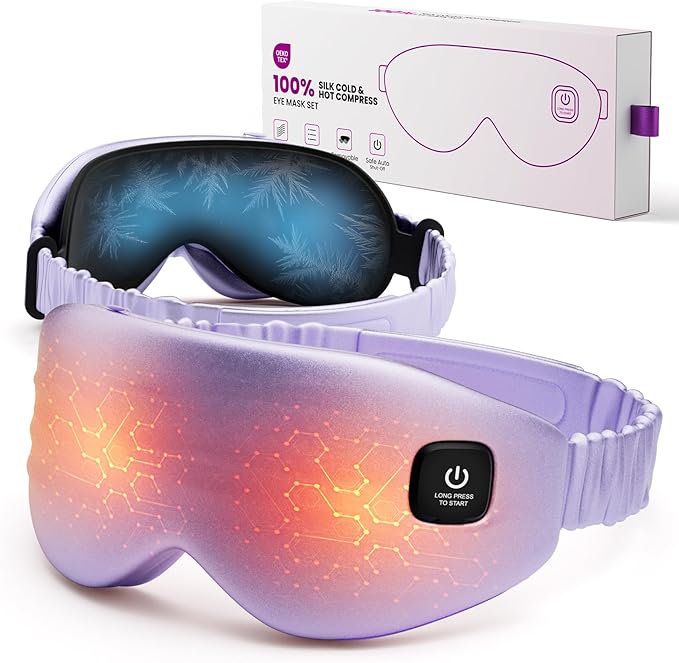 100% Silk Wireless Heated Eye Mask with Cooling - 3 Heat Settings, for Dry Eyes, Puffiness & Dark Circles - Adjustable, Washable, Travel-Friendly (Purple).
