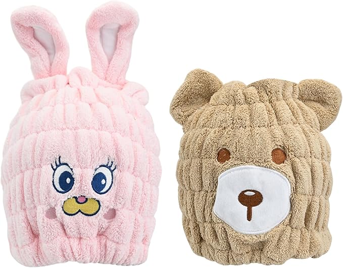 2 PCS Microfiber Hair Towel Wrap for Kids, Girls & Women,Cute Unicorn and White Rabbit Dry Hair Cap - Super Absorbent Quick Drying, Lightweight Turban Towel for Wet Hair (Brown) (Color A)