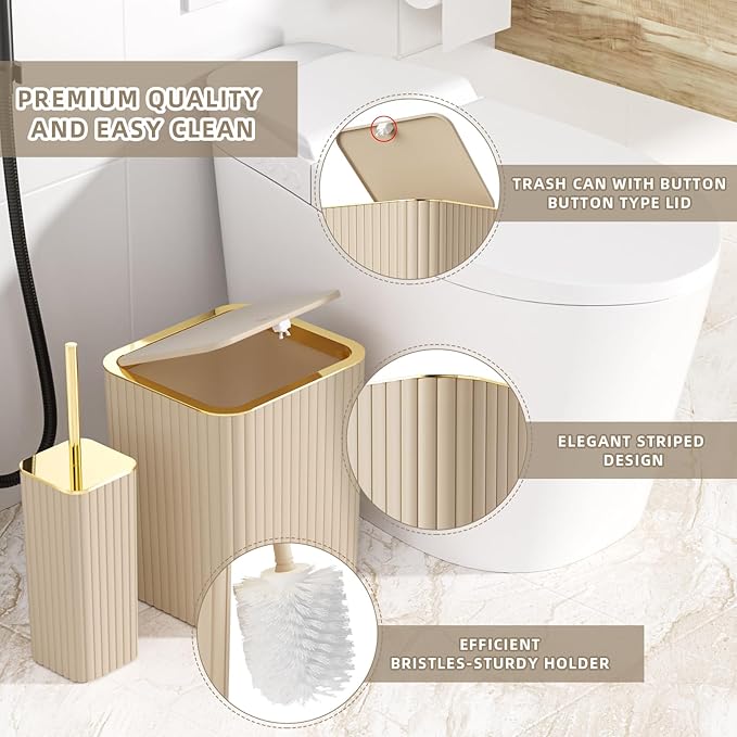 Bathroom Accessories Set - 25PC Bathroom Sets with Shower Curtain and Rugs, Beige Bathroom Accessories with Trash Can, Soap Dispenser, Soap Dish & Toilet Brush