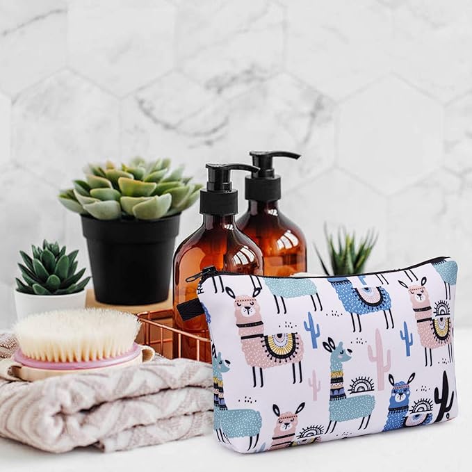 WANDF Cosmetic Bag for Women Makeup bag Organizer Mini Makeup Pouch for Purse Water Resistant Girls Gift(2pcs Alpacas+Geometric)