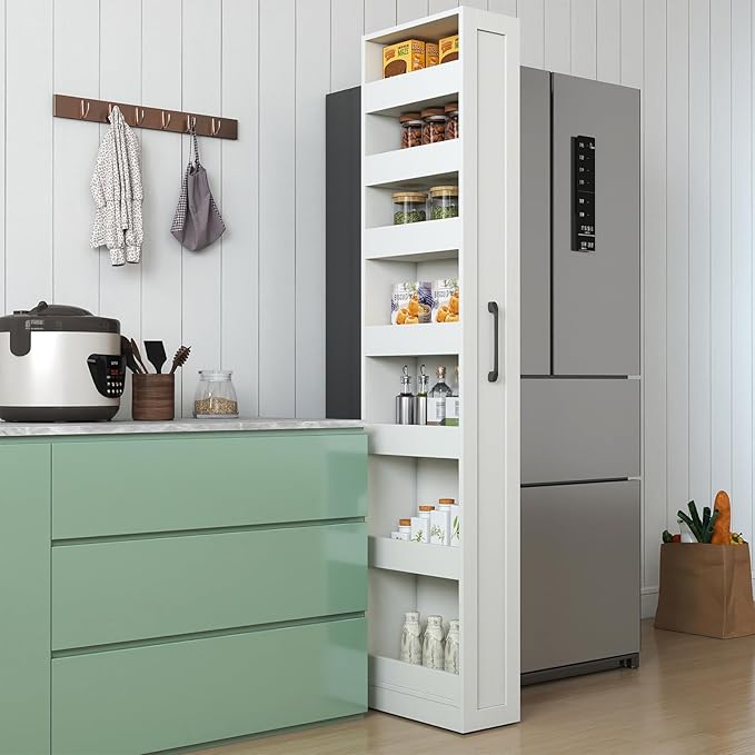 JOYSOURCE Tall Narrow Pull-Out Storage Shelf with Wheels 7-Tier Slim Rolling Storage Spice Rack Next to Fridge Utility Cart Single-Sided for Small Spaces, Kitchen, Laundry Room, White