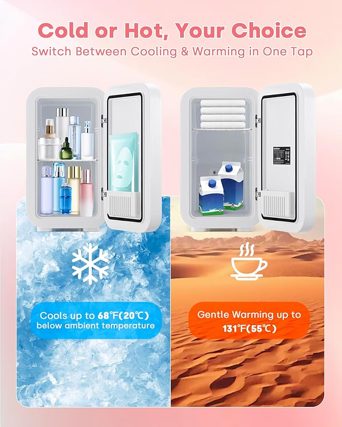 Enventor Mini Skincare Fridge Small Refrigerator for Bedroom, Beauty Fridge for Makeup with Dimmable LED Mirror, 6 L / 8 Cans Compact Portable Cooler for College Dorm, Office, Car, White