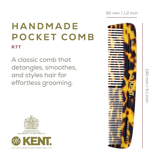 Kent R7T TY Fine and Wide Tooth Hair Comb, Handmade Pocket Comb for Men, Beard and Mustache Combs for Everyday Grooming and Styling, Sawcut Kent Combs, Made in England