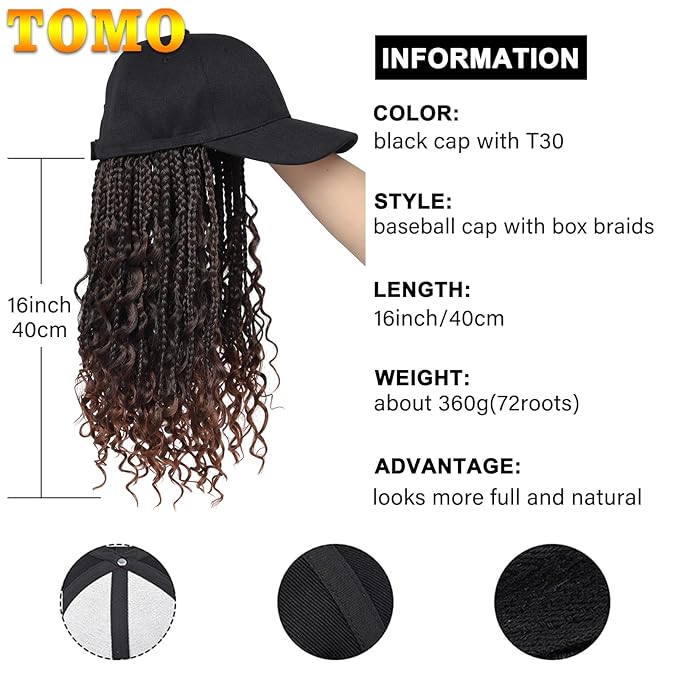 GUOJIAN Goddess Box Braiding Baseball Cap Wig Bohemian Curly Ends Box Braids Hat with Braided Hair Extensions for Black White Women Synthetic Braids Hat Wig with Hair Attached (16inch, T30)