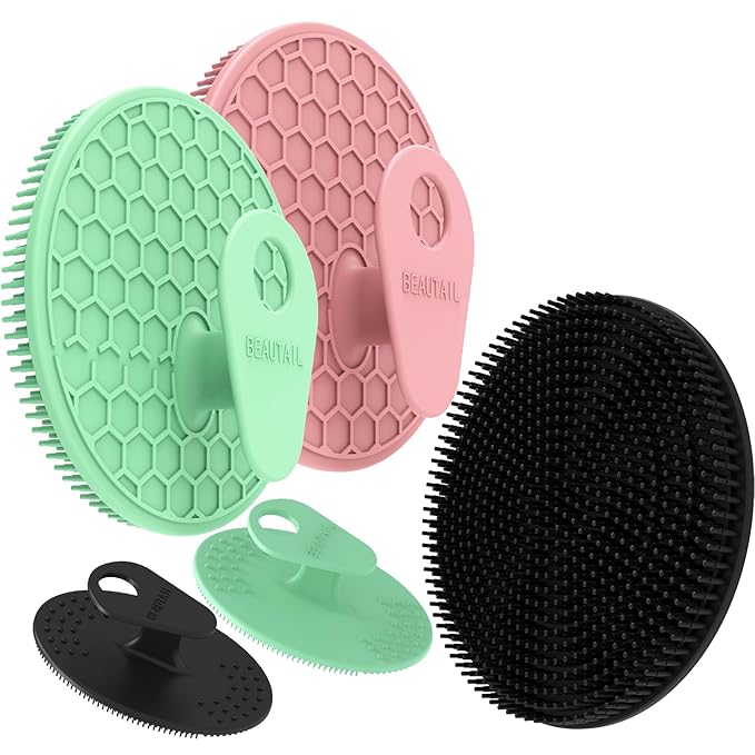 Silicone Body and Face Scrubber Set 5 Pack, BEAUTAIL Shower Bath Scrubber, Gentle Exfoliating Brush for Women Men Sensitive Skin, More Hygienic Than Traditional Loofah, Long Lasting, Black+Pink+Green