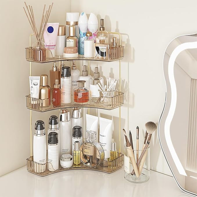 Webetop Countertop Bathroom Organizer 3 Tier Corner Organizer for Bathroom Counter Storage Makeup Organizer Shelf for Skincare, Cosmetic, Dresser, Toiletries Amber