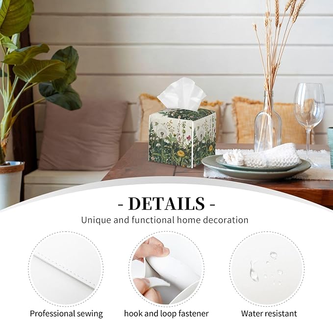 Retro Herbs Spring Dandelion Tissue Box Cover Leaves Summer Holiday Square Leather Tissue Holder Decorative Facial Tissue Cube Paper Cover Case Organizer for Bathroom Night Stands Desk Home