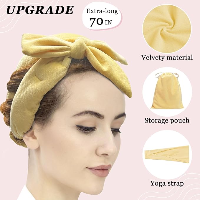 ZILAMPU No Heat Curling Rod Headband for Women and Girls, Velour Overnight Hair Curl Roller Wrap for Long Hair - Light Yellow