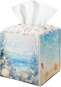 Coastal Starfish Seashell Tissue Box Cover Square with Bottom Belt, Leather Waterproof Tissue Holder Facial Paper Case for Tabletop Home Office Bathroom Car Decor -10