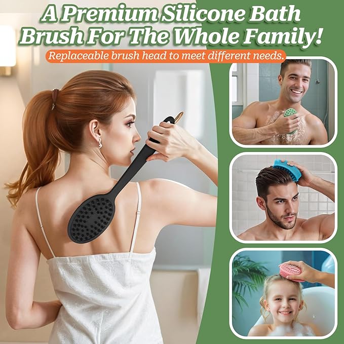 Soft Silicone Body Scrubber 2PCS, Dual-Side Silicone Loofah for Shower, Gentle Loofa Alternative, Replaceable Brush Head to be Used Alone or with Long Handle (Blackx2)
