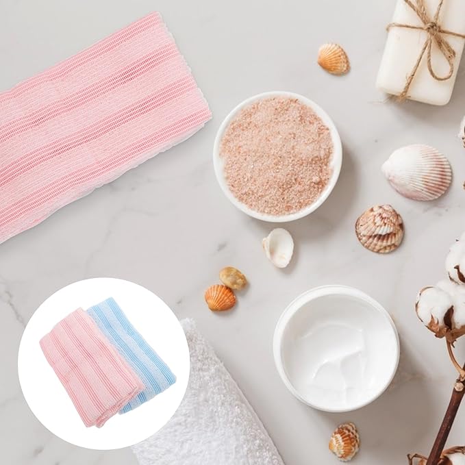 HEALLILY 2pcs Exfoliating Back Scrubber Straps Double-Sided Bath Towels for Body Skin Cleansing and Dead Skin Removal, Long Handle Shower Towels for Household Bath Use, Blue and Pink
