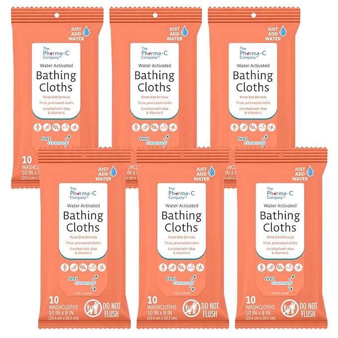 The Pharma-C Company - Water-Activated Bathing Cloths [6 pack - 10ct packs] – Rinse-Free XL Body Wipes for Adults. Pretreated Disposable Bath Wipe for Elderly, Hospice, Camping.