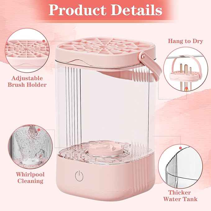 Electric Makeup Brush Cleaner - Portable Makeup Brushes Cleaning Machine, Automatic Spinning Cosmetic Brushes Washer, Make Up Brush Cleaner Tools for Most Sizes Brushes and Sponges (Pink)