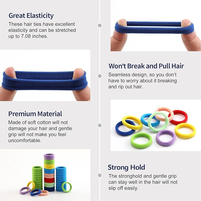 Bessrung 100 Pcs Thick Seamless Hair Ties, Ponytail Holders Hair Accessories for Women Girls No Damage for Thick Hair(Rainbow Colors)