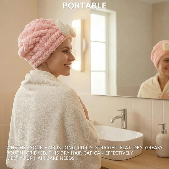 Microfiber Hair Towel 4-Pack, Fast Drying Hair Turban with Bow for Women - Soft Absorbent Hair Wraps, Shower Cap, Gray Pink Blue White