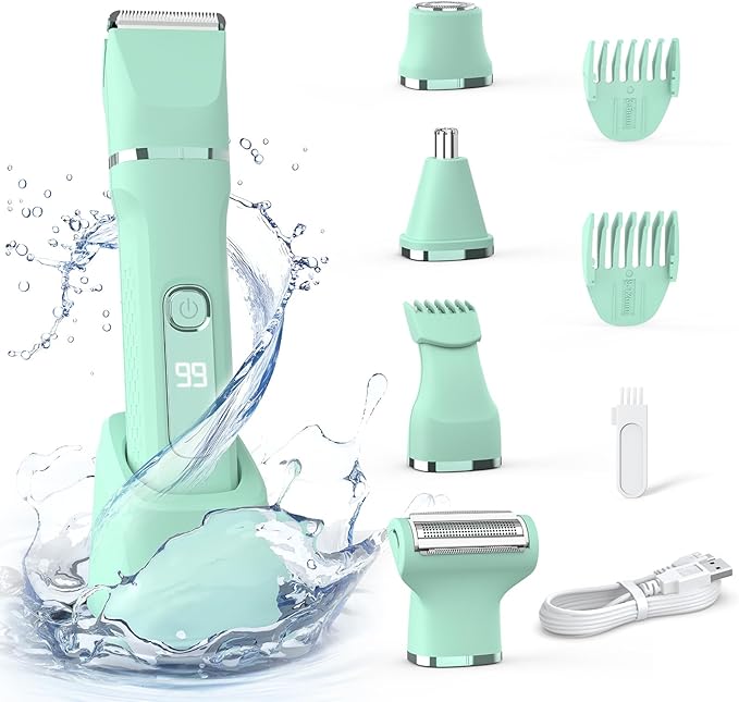Bikini Trimmer for Women,5-in-1 Electric Razors for Women,Electric Shaver for Women's,IPX7 Waterproof Trimmer for Men Legs,with 5 Replaceable Blade Heads,USB Recharge Dock（Green）